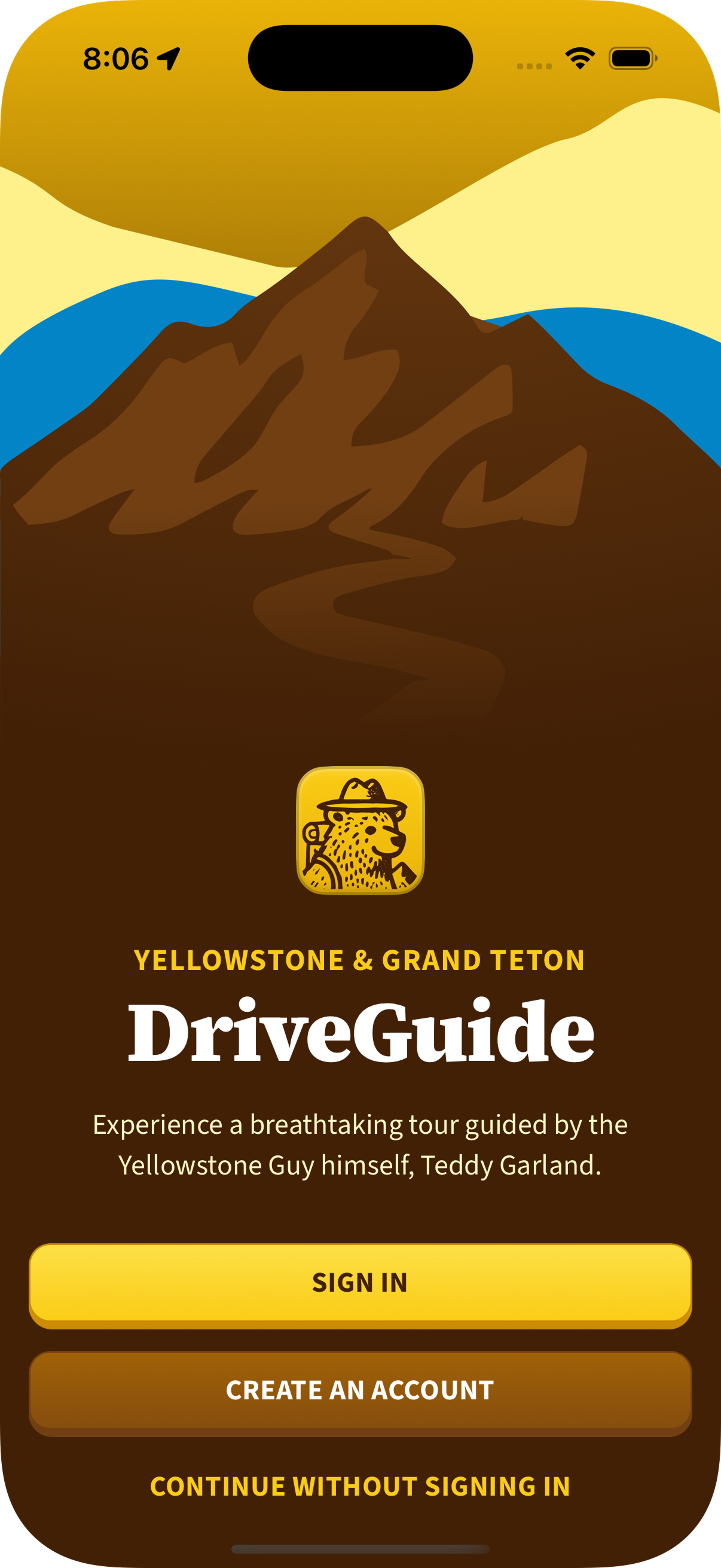 DriveGuide app showing GPS-triggered audio tour interface for Yellowstone National Park